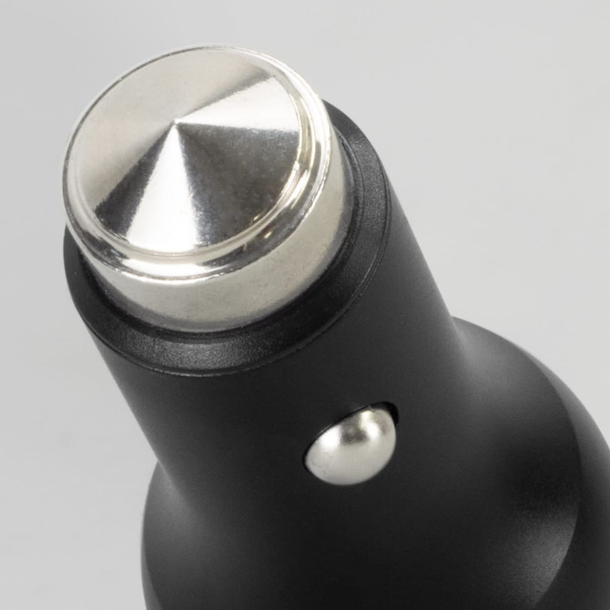 A black car charger with a metallic tip and a small button, featuring a logo on its surface.