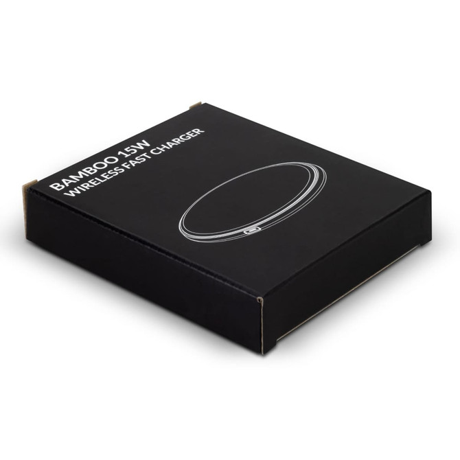 A black packaging box for a Bamboo 15W wireless fast charger featuring an outline of the charger on the front.