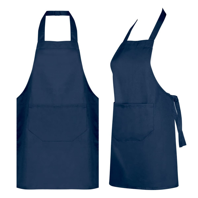 A navy blue Dali Youth Apron featuring a front pocket and adjustable neck strap, with a logo present.