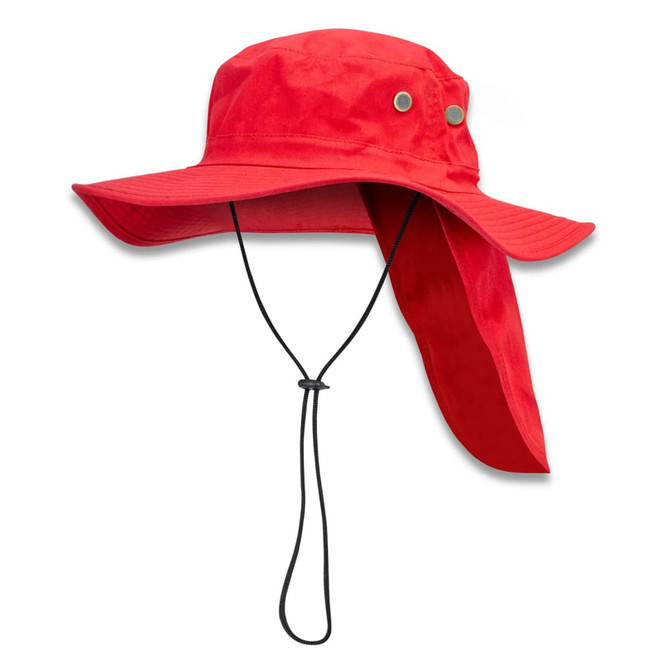 A red Legionnaire wide brim hat with a neck flap and adjustable chin strap, featuring metal snaps on the sides.