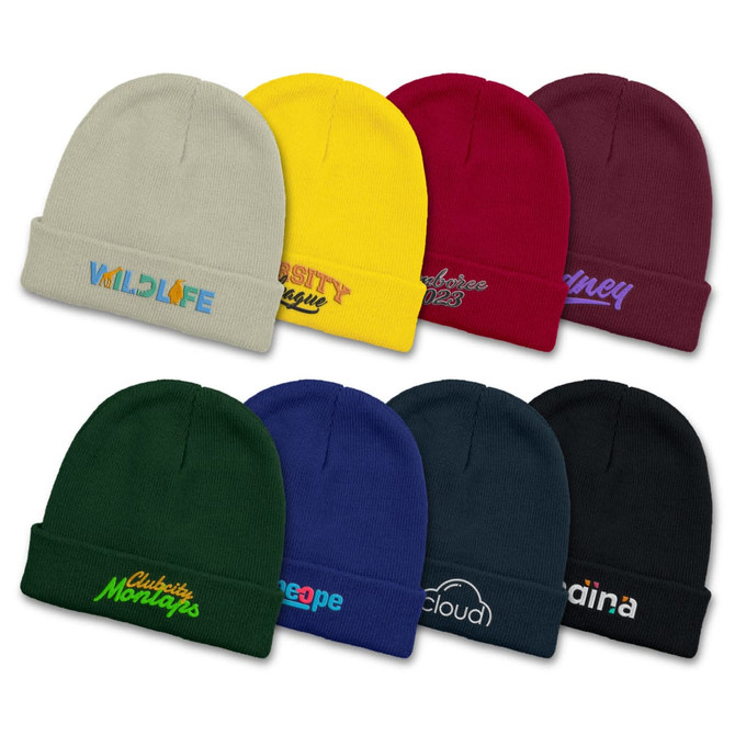 A collection of eight beanies in various colours including yellow, green, red, blue, and burgundy, featuring logos.
