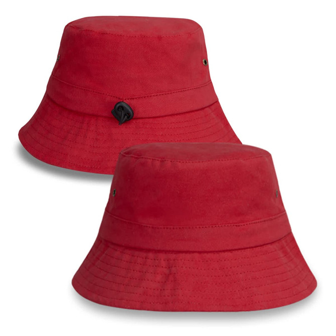 A red Explore Bucket Hat displayed from two angles, featuring a logo and a wide brim.