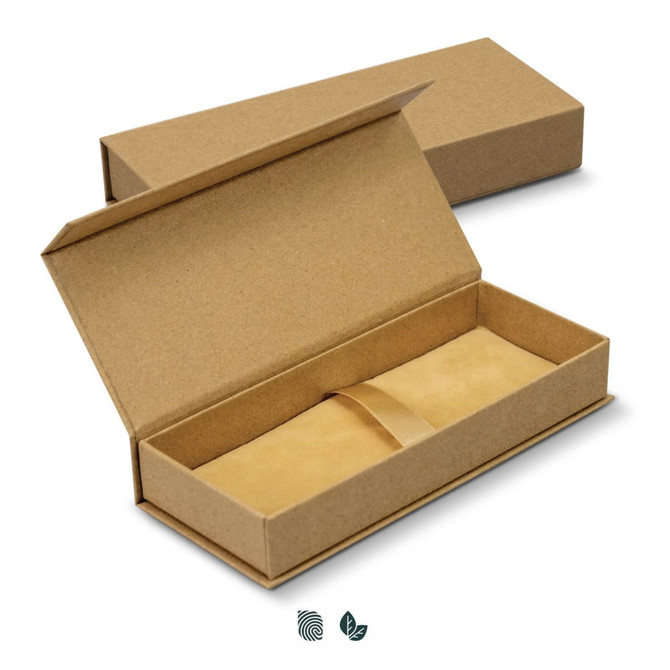 A kraft gift box with a rectangular shape and a smooth, open interior, featuring a clasp closure.
