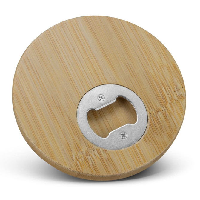 A round bamboo bottle opener coaster featuring a silver bottle opener in the centre.