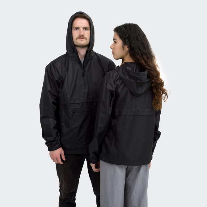 A black windbreaker jacket featuring a hood, displayed on a male and female model from the front and back.