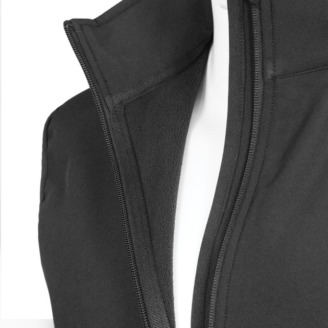 A close-up of a black men's vest featuring a high collar and zip closure, with a soft inner lining.