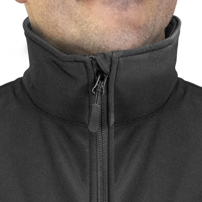 A black mens vest featuring a high collar and zip closure, showcasing a sleek design.