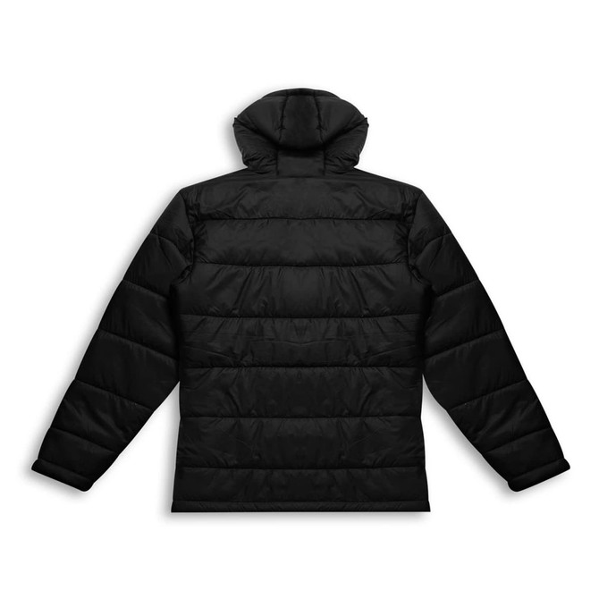 A black women's puffer jacket featuring a hood and quilted design, with a branded logo on the back.