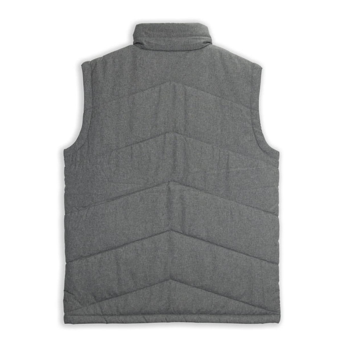 A grey puffer vest with a chevron quilted pattern and a high collar. The vest has no sleeves and features a logo.