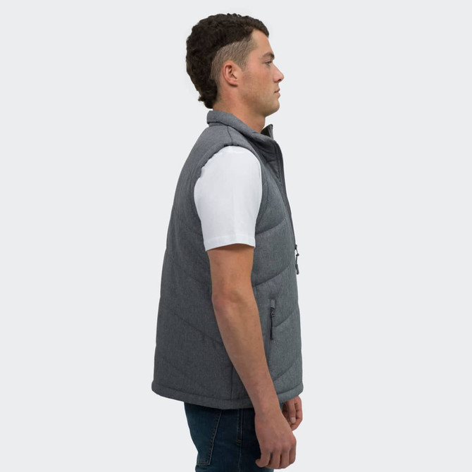 A grey puffer vest with a zip-up front and side pockets, modelled by a man in profile.