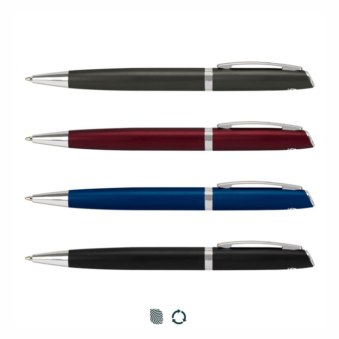 Four metal pens in black, burgundy, blue, and silver, featuring a sleek design and a branding logo.