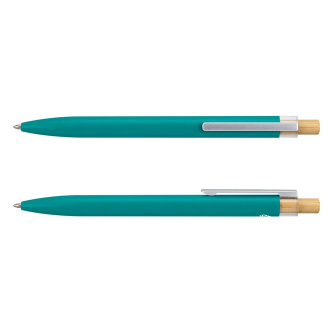 A metal pen in teal with a wooden clip, featuring a logo on the barrel.