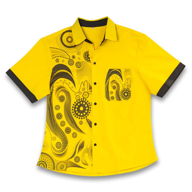 A bright yellow custom women's shirt featuring abstract black patterns and a pocket, with contrasting black trim.