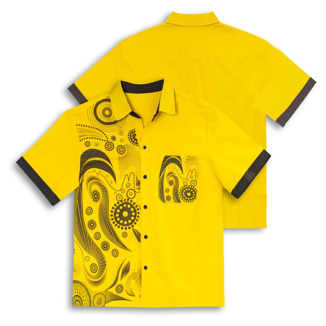 A bright yellow button-up shirt featuring a black patterned design on one side and contrasting black trim.