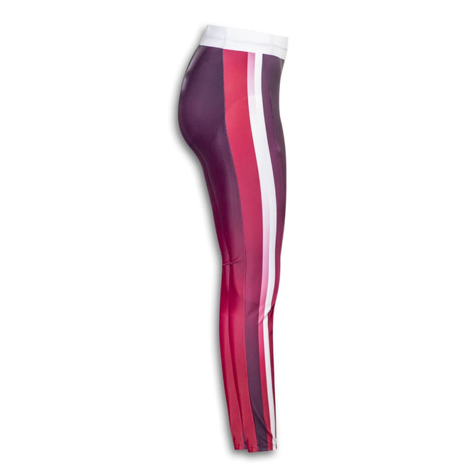 Custom women's leggings in shades of burgundy, pink, and white with a fitted silhouette and a waistband. Features logo.