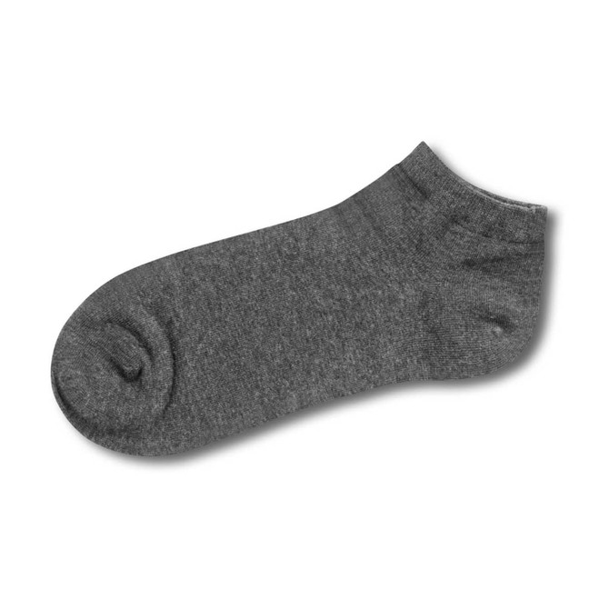 A pair of dark grey ankle socks displayed on a white background, featuring a simple design and seamless cuff.