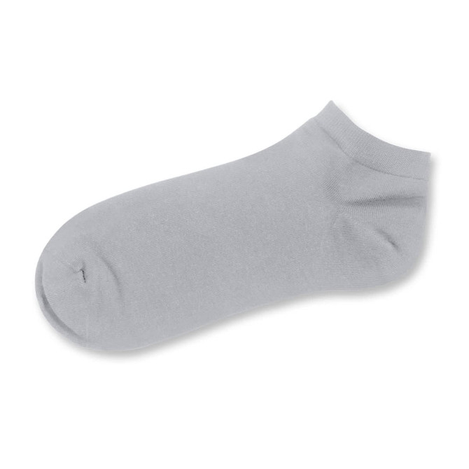 A grey ankle sock with a soft texture and a logo on the side.