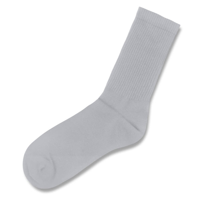 Light grey crew sock featuring a ribbed upper and a rounded toe, with a logo present.