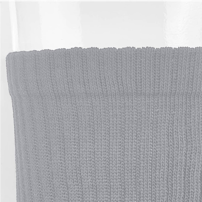 A pair of grey crew socks with a textured ribbed design, featuring a branding logo on the cuff.