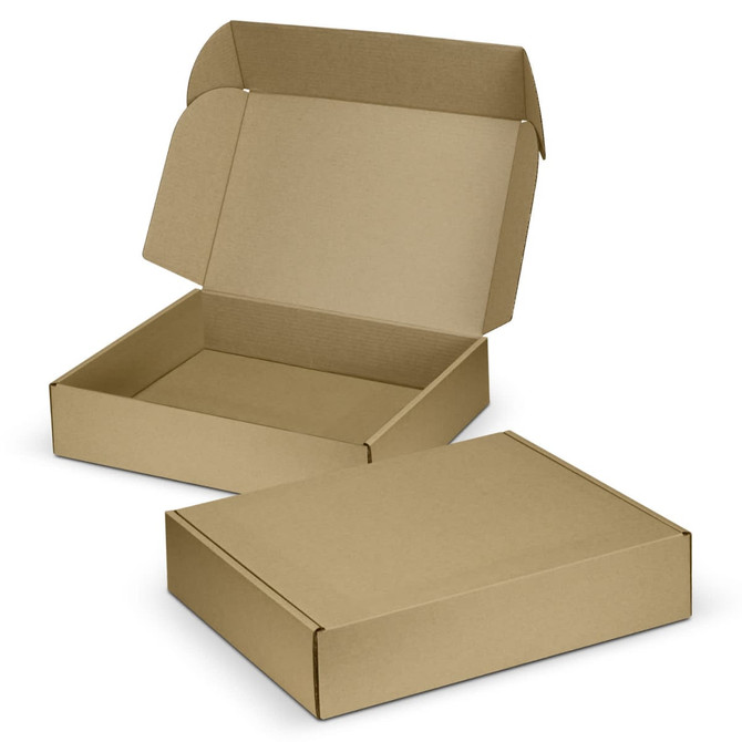 A brown die cut box with a locking lid, featuring an open and closed position for easy visibility.