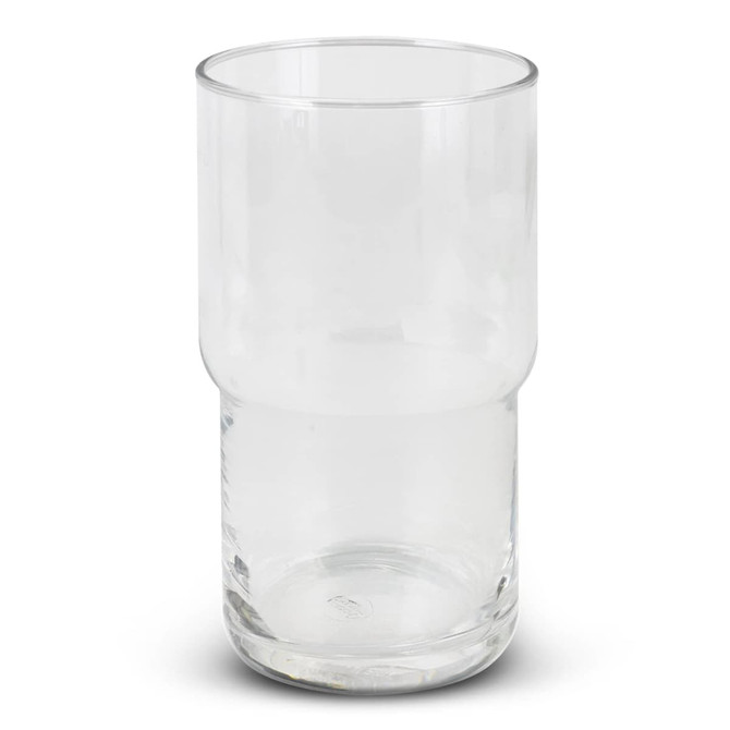 A clear glass tumbler with a stackable design, featuring a smooth finish and a branding logo.