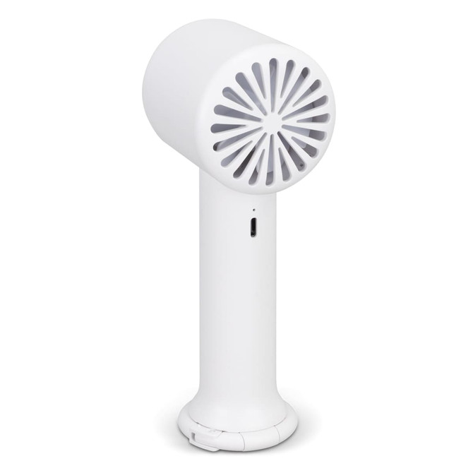 A white personal cooling fan with a circular design and vented front, featuring a logo on the side.