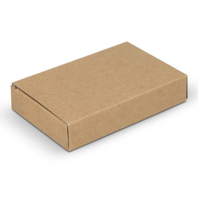 A brown cardboard box with a simple, rectangular design and a folded flap closure.
