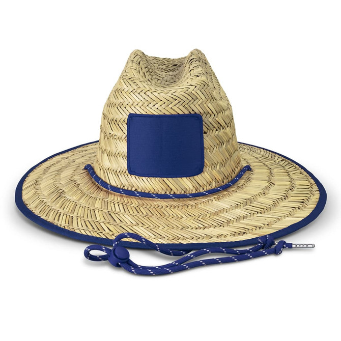 A Tiki straw hat with a wide brim, featuring a blue accent and an adjustable chin strap.