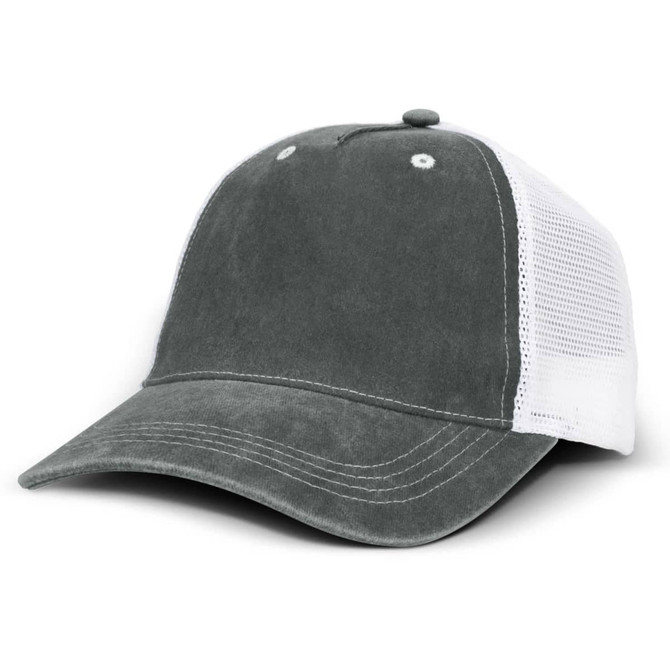 A grey trucker cap with a textured front and a white mesh rear. It features a curved brim and a logo.