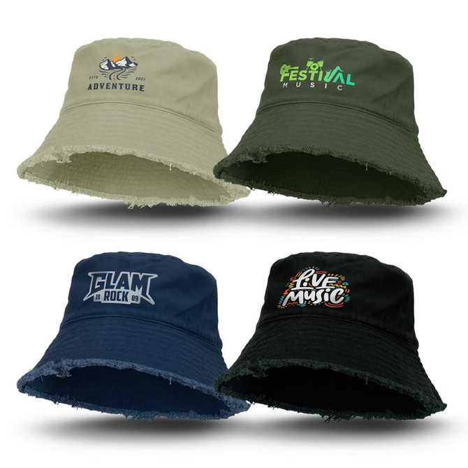 A collection of four raw edge bucket hats in khaki, dark green, navy, and black featuring various logos.