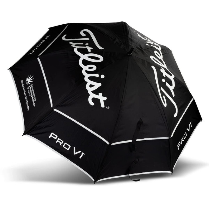 A black double canopy umbrella featuring a logo, with a sleek design and contrasting white accents.