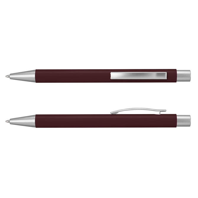 A maroon metal pen featuring silver accents and a clip, showcasing a sleek and elegant design.
