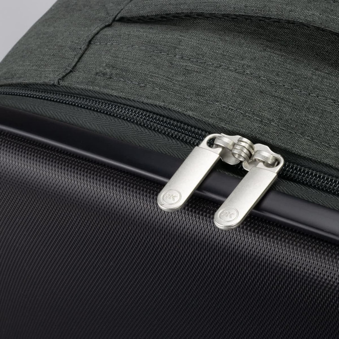 A small, green wheeled suitcase featuring a textured exterior and silver zipper pulls.