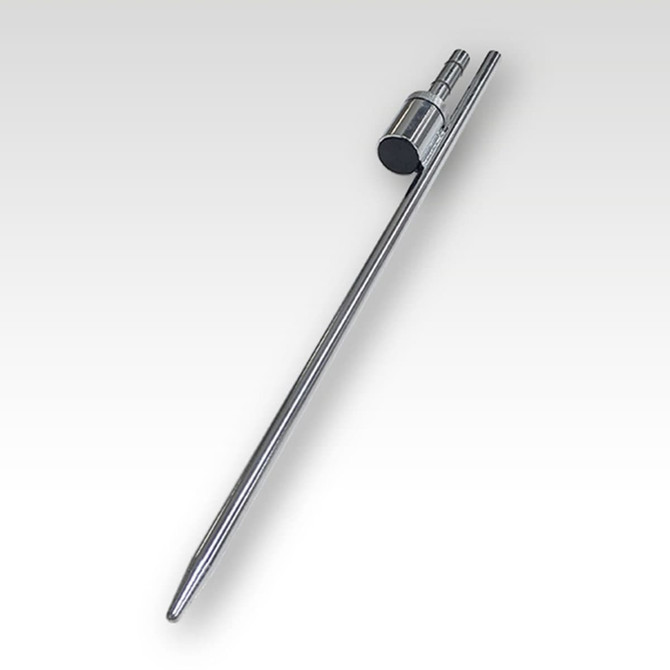 A metal pole with a pointed end and a connector, designed for use with a feather flag kit.
