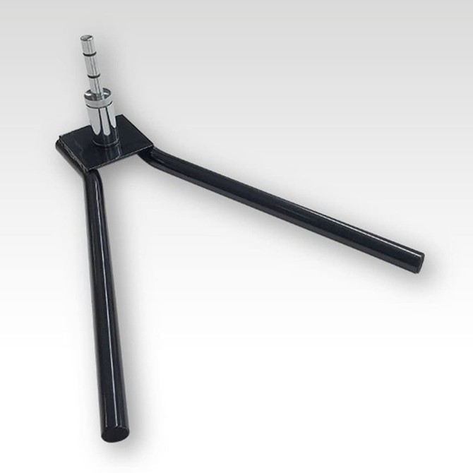 A black metal base with two extended arms for supporting a feather flag. Features a central pole holder.