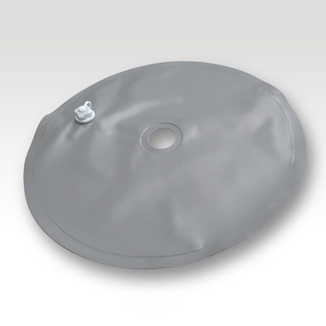 A grey base weight for flags with a valve and central hole, designed for stability in outdoor events.