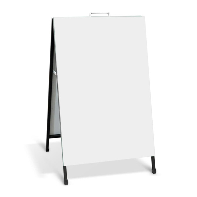 A white metal A-frame sign with a black base, designed for exhibitions and events. It features a handle for easy mobility.