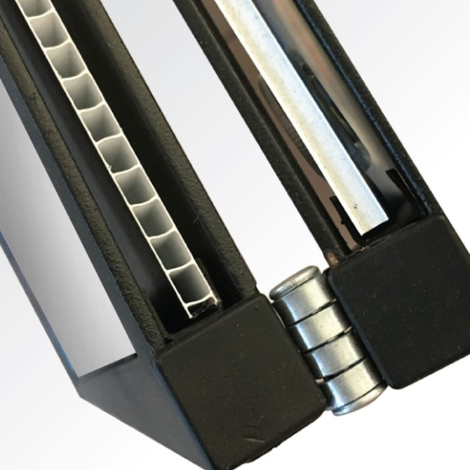 A black insertable A-frame with a hinge, showcasing a clear insert slot and a textured backing.