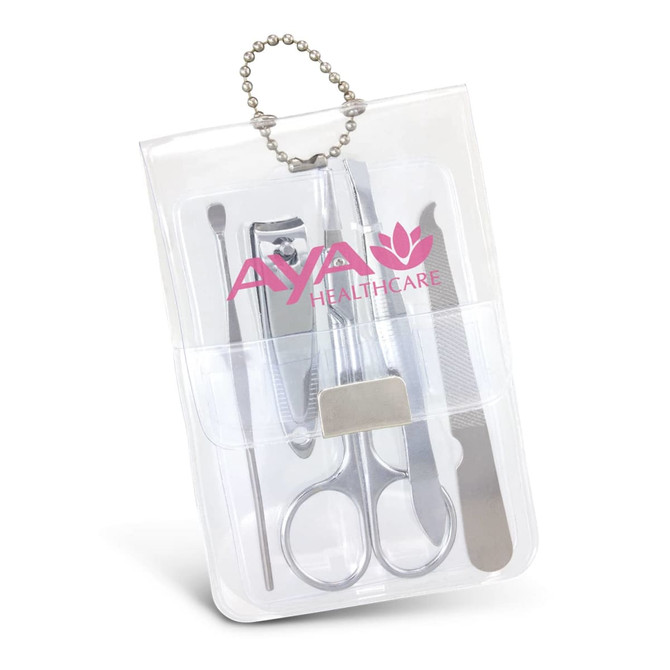 A vinyl manicure set in a clear pouch, featuring stainless steel tools including scissors, a file, and a cuticle pusher.