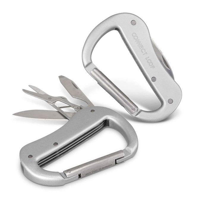 A silver carabiner multi-tool featuring scissors, a screwdriver, and other small tools. Includes a logo.