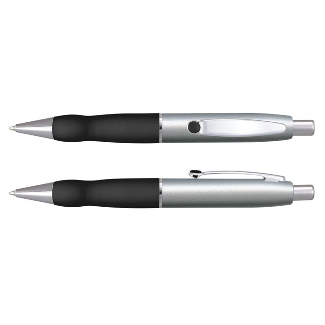 A metal pen in silver and black, featuring a sleek design with a grip and a clip. It has a logo on the side.