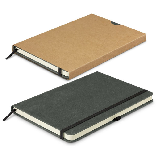 A recycled hard cover notebook in brown and green, featuring an elastic band and a logo on the cover.
