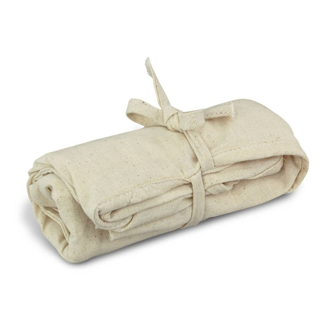 A folded beige tote bag, secured with a tied string, showcasing a simple, natural fabric design.