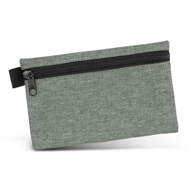 A green tech pouch with a zip closure, featuring a textured fabric and a handy wrist strap.