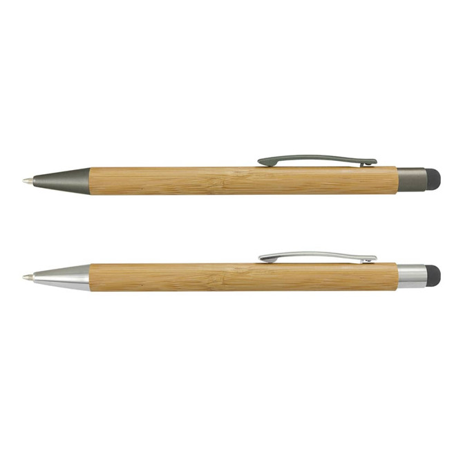 A bamboo stylus pen featuring a silver clip and tip, with a black rubber stylus end, displayed from two angles.