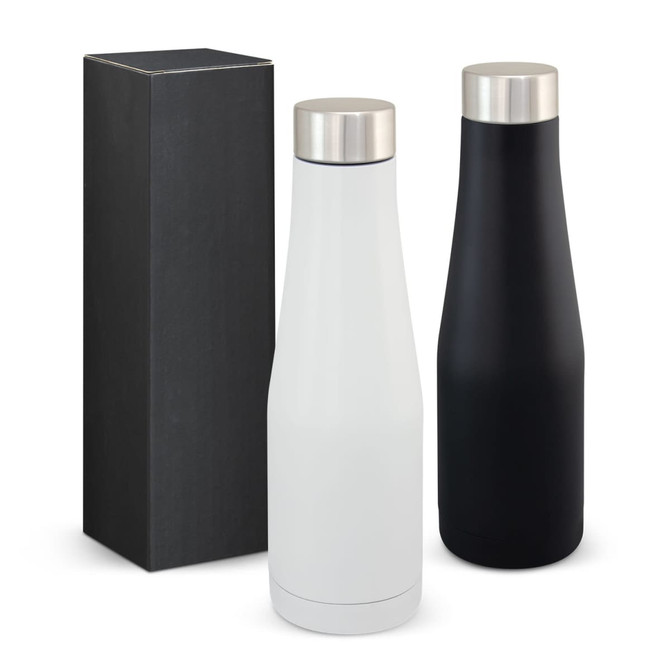 A drink bottle set featuring a white and a black vacuum bottle with stainless steel caps, presented in a black box.