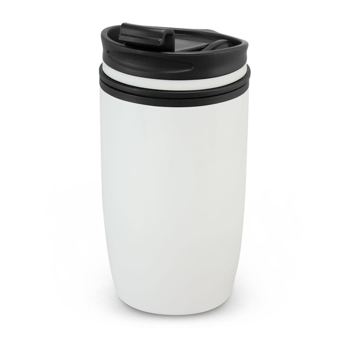 A double wall cup in white with a black lid, featuring a sleek design and a branding logo.