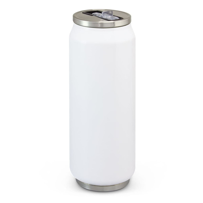 A drink bottle in white with a stainless steel lid, featuring a drinking spout and a sleek design.