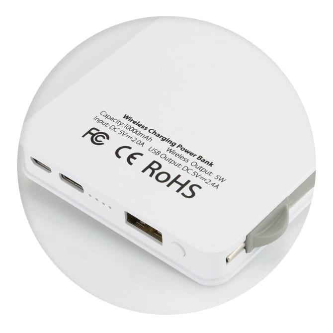 A white wireless charging power bank with ports and a small grey connector. It features a logo on the surface.