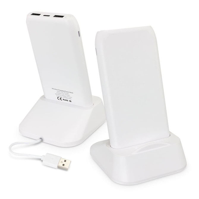 A white wireless charging station with two phone stands and a USB cable. It has a logo on the back.